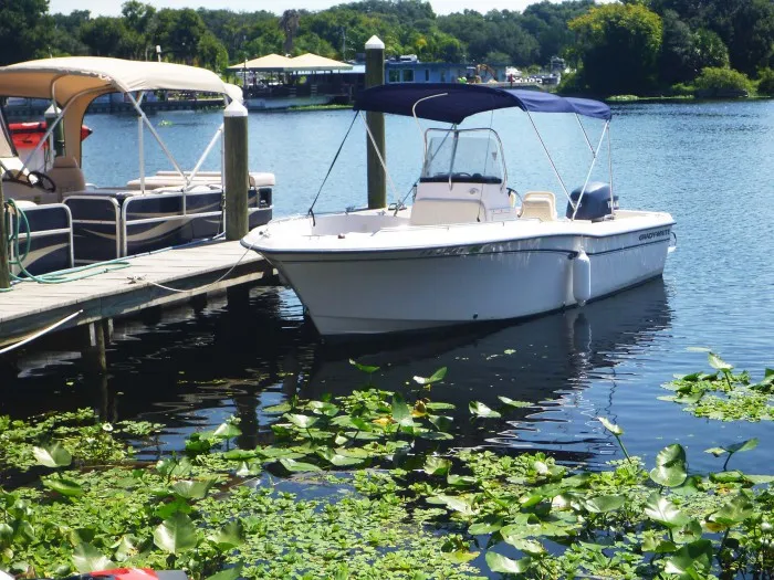 Boat docked on a river at Castaways on the River resort